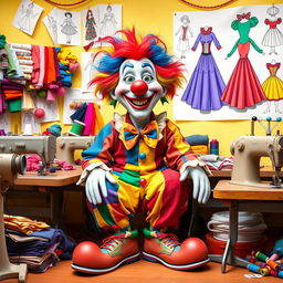 A whimsical tailor clown, joyfully crafting colorful costumes in a bright, cheerful workshop filled with fabrics and threads
