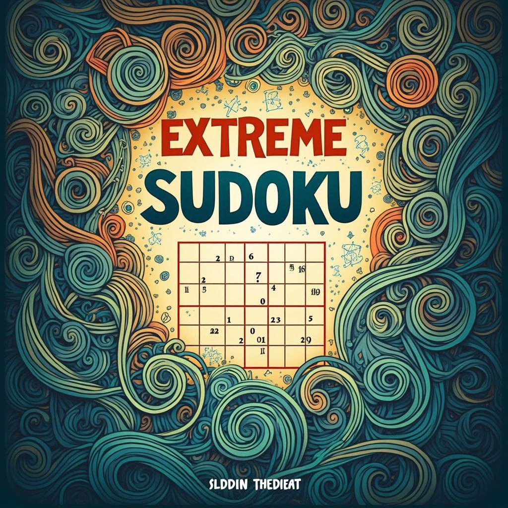 A visually striking book cover design for 'Extreme Sudoku' featuring a large, bold title at the top