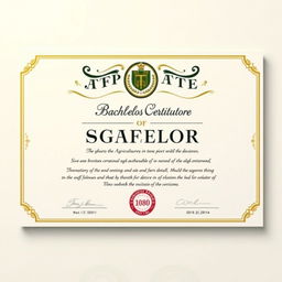 A realistic, high-quality image of a graduation thesis certificate for a Bachelor's degree in Agriculture