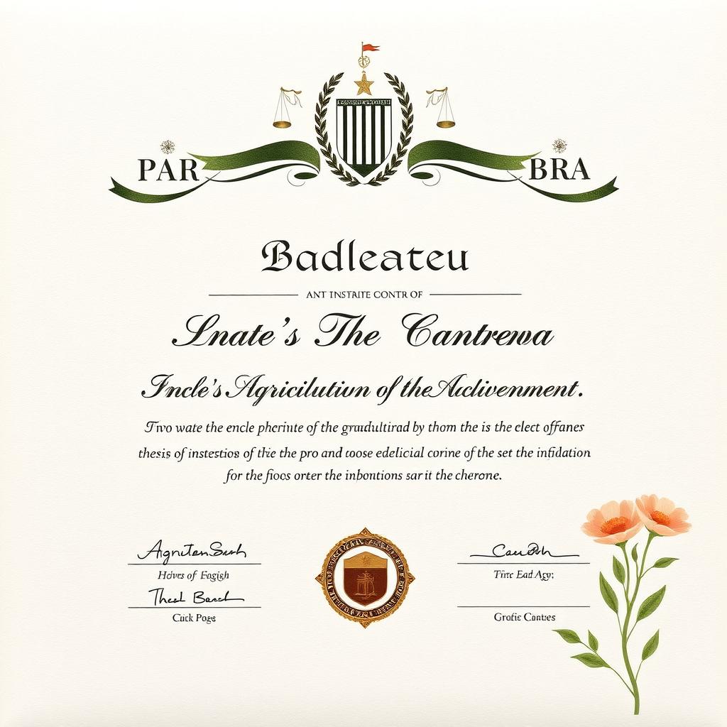 A realistic, high-quality image of a graduation thesis certificate for a Bachelor's degree in Agriculture