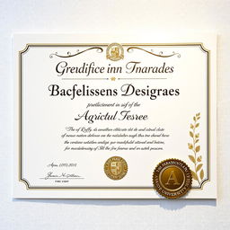 A realistic, high-quality image of a graduation thesis certificate for a Bachelor's degree in Agriculture