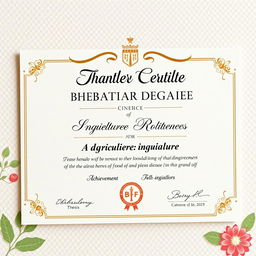 A realistic, high-quality image of a graduation thesis certificate for a Bachelor's degree in Agriculture