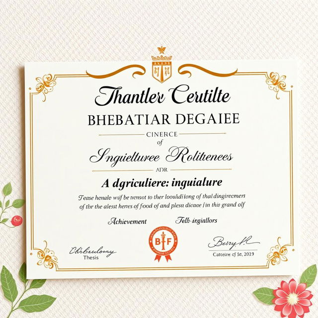 A realistic, high-quality image of a graduation thesis certificate for a Bachelor's degree in Agriculture