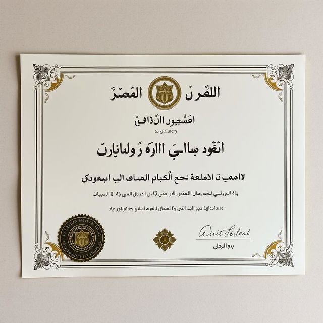 A high-quality, realistic depiction of a bachelor's degree certificate in Agriculture