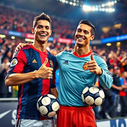 A vibrant and dynamic scene featuring a friendly interaction between a fan and Cristiano Ronaldo