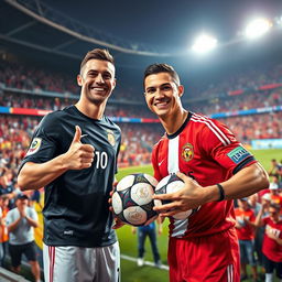 A vibrant and dynamic scene featuring a friendly interaction between a fan and Cristiano Ronaldo