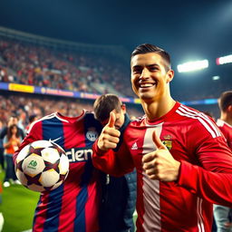 A vibrant and dynamic scene featuring a friendly interaction between a fan and Cristiano Ronaldo