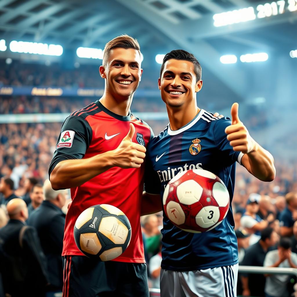 A vibrant and dynamic scene featuring a friendly interaction between a fan and Cristiano Ronaldo
