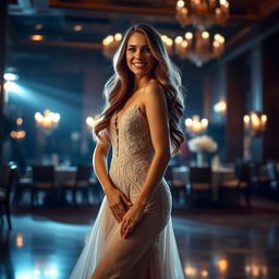 A stylish evening scene featuring a beautiful woman in an elegant dress, with intricate lace detailing and a flowing skirt