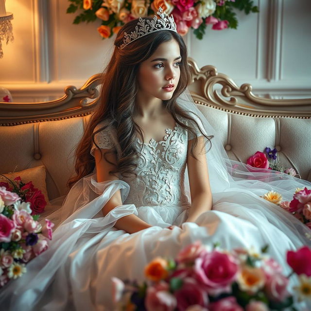 A girl embodying the essence of Sleeping Beauty, adorned in a stunning wedding dress with intricate lace details and a delicate sparkling crown