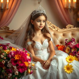 A girl embodying the essence of Sleeping Beauty, adorned in a stunning wedding dress with intricate lace details and a delicate sparkling crown