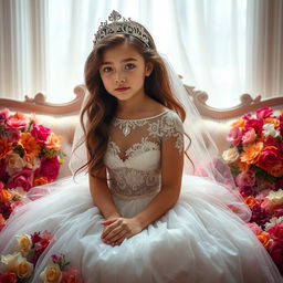 A girl embodying the essence of Sleeping Beauty, adorned in a stunning wedding dress with intricate lace details and a delicate sparkling crown