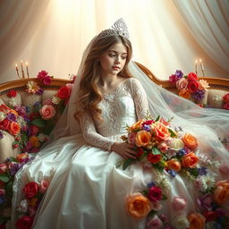 A girl embodying the essence of Sleeping Beauty, adorned in a stunning wedding dress with intricate lace details and a delicate sparkling crown