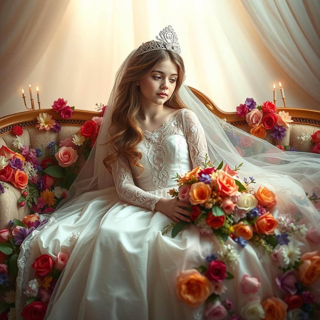 A girl embodying the essence of Sleeping Beauty, adorned in a stunning wedding dress with intricate lace details and a delicate sparkling crown