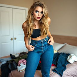 A full-length photograph of a beautiful and curvy young woman with very thick, long, messy dirty blond hair and mesmerizing crystal blue eyes
