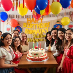A festive scene celebrating a birthday in Romania, featuring colorful decorations, balloons, and a traditional cake