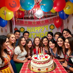 A festive scene celebrating a birthday in Romania, featuring colorful decorations, balloons, and a traditional cake