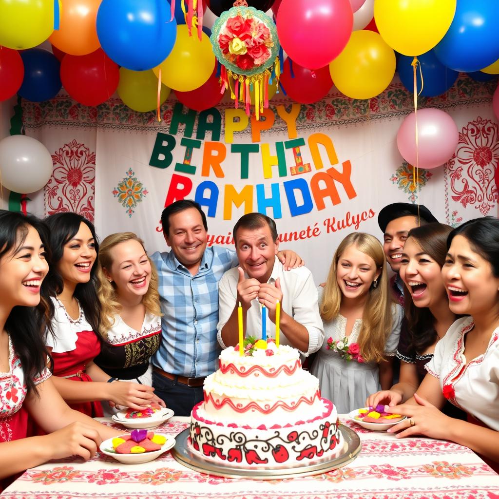 A festive scene celebrating a birthday in Romania, featuring colorful decorations, balloons, and a traditional cake