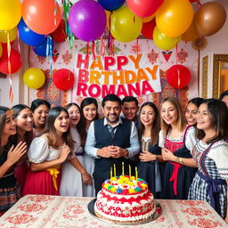 A festive scene celebrating a birthday in Romania, featuring colorful decorations, balloons, and a traditional cake