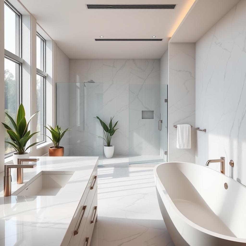 A luxurious and modern bathroom featuring sleek designs with marble countertops, a spacious glass shower enclosure, a freestanding soaking tub, and stylish fixtures