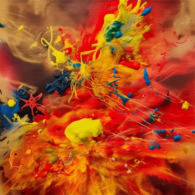 An abstract expressionist painting featuring a chaotic explosion of brilliant colors like fire-red, deep-ocean blue, and sunflower yellow on a large canvas.