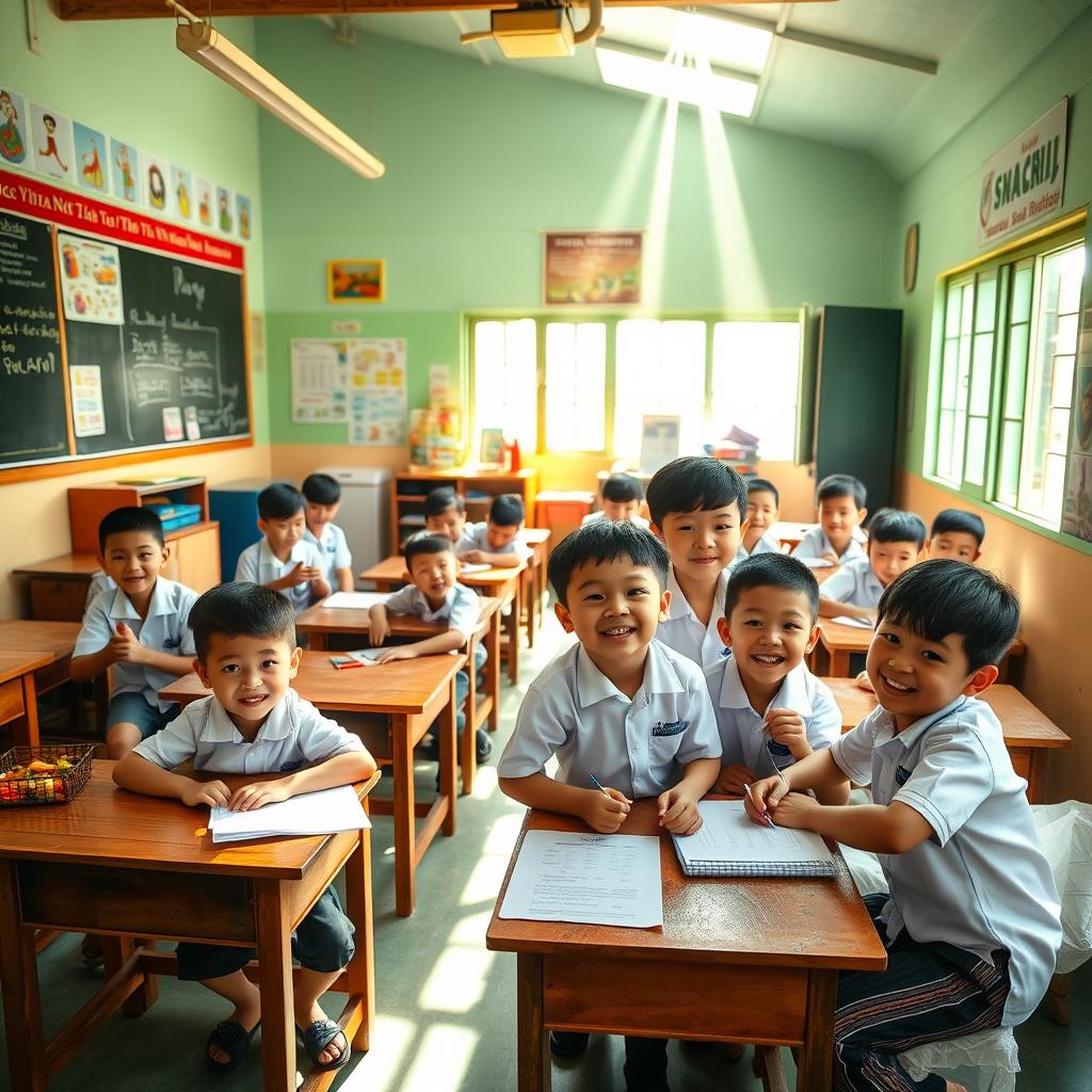 A vibrant interior classroom scene in a Vietnamese school, showcasing young boys engaged in various activities