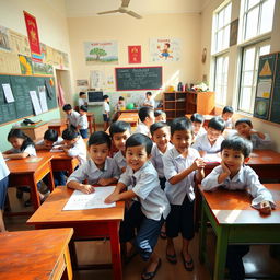 A vibrant interior classroom scene in a Vietnamese school, showcasing young boys engaged in various activities