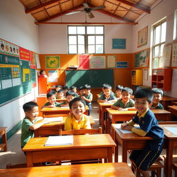 A vibrant interior classroom scene in a Vietnamese school, showcasing young boys engaged in various activities