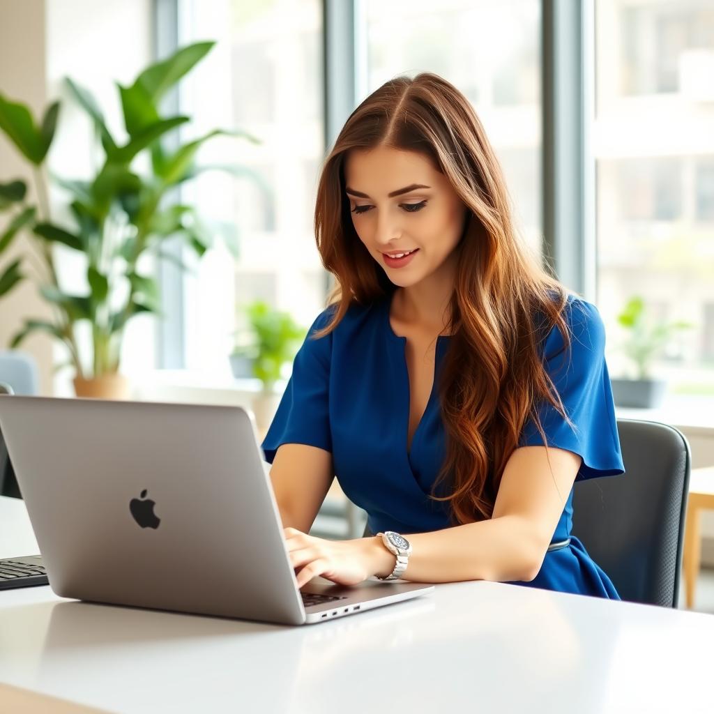A young woman with long brown hair, wearing a stylish blue dress, sits at a modern desk engrossed in her work on a sleek laptop