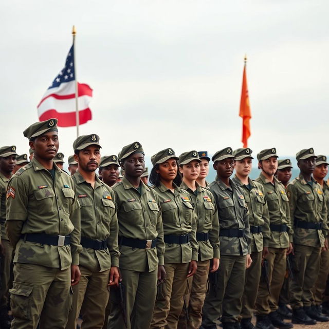 A scene depicting seventy-two soldiers in military uniforms, standing in formation