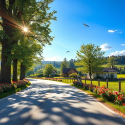 A scenic view of Sapin Road featuring lush greenery, colorful flowers along the roadside, and a serene atmosphere