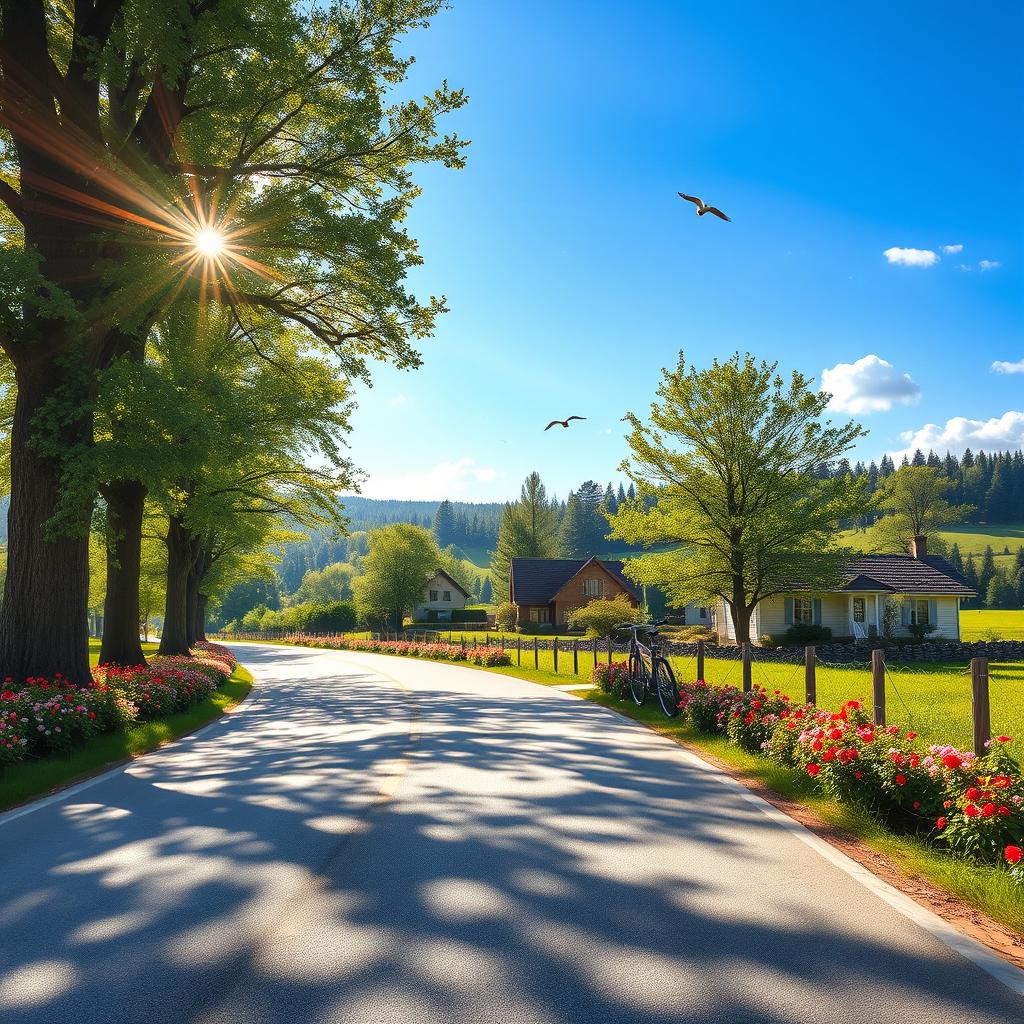 A scenic view of Sapin Road featuring lush greenery, colorful flowers along the roadside, and a serene atmosphere