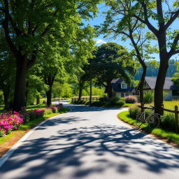 A scenic view of Sapin Road featuring lush greenery, colorful flowers along the roadside, and a serene atmosphere