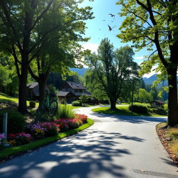 A scenic view of Sapin Road featuring lush greenery, colorful flowers along the roadside, and a serene atmosphere