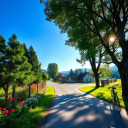 A scenic view of Sapin Road featuring lush greenery, colorful flowers along the roadside, and a serene atmosphere