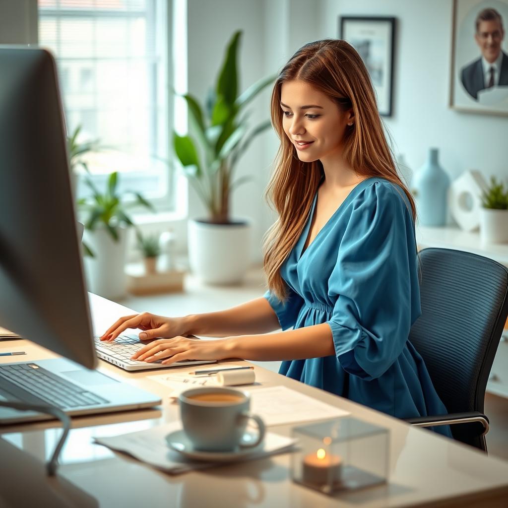 A young woman working diligently on a computer, dressed in a flowing blue dress that contrasts with the modern workspace around her