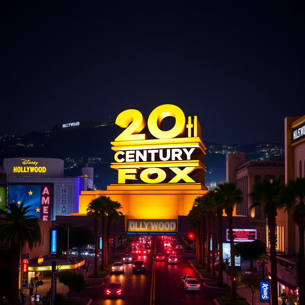 A captivating view of the 20th Century Fox logo set against the backdrop of the bustling Los Angeles cityscape, specifically in Hollywood