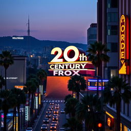 A captivating view of the 20th Century Fox logo set against the backdrop of the bustling Los Angeles cityscape, specifically in Hollywood