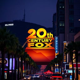 A captivating view of the 20th Century Fox logo set against the backdrop of the bustling Los Angeles cityscape, specifically in Hollywood