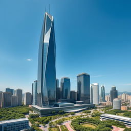 A stunning view of a modern Chinese skyscraper dominating the skyline, showcasing its impressive architecture and sleek design