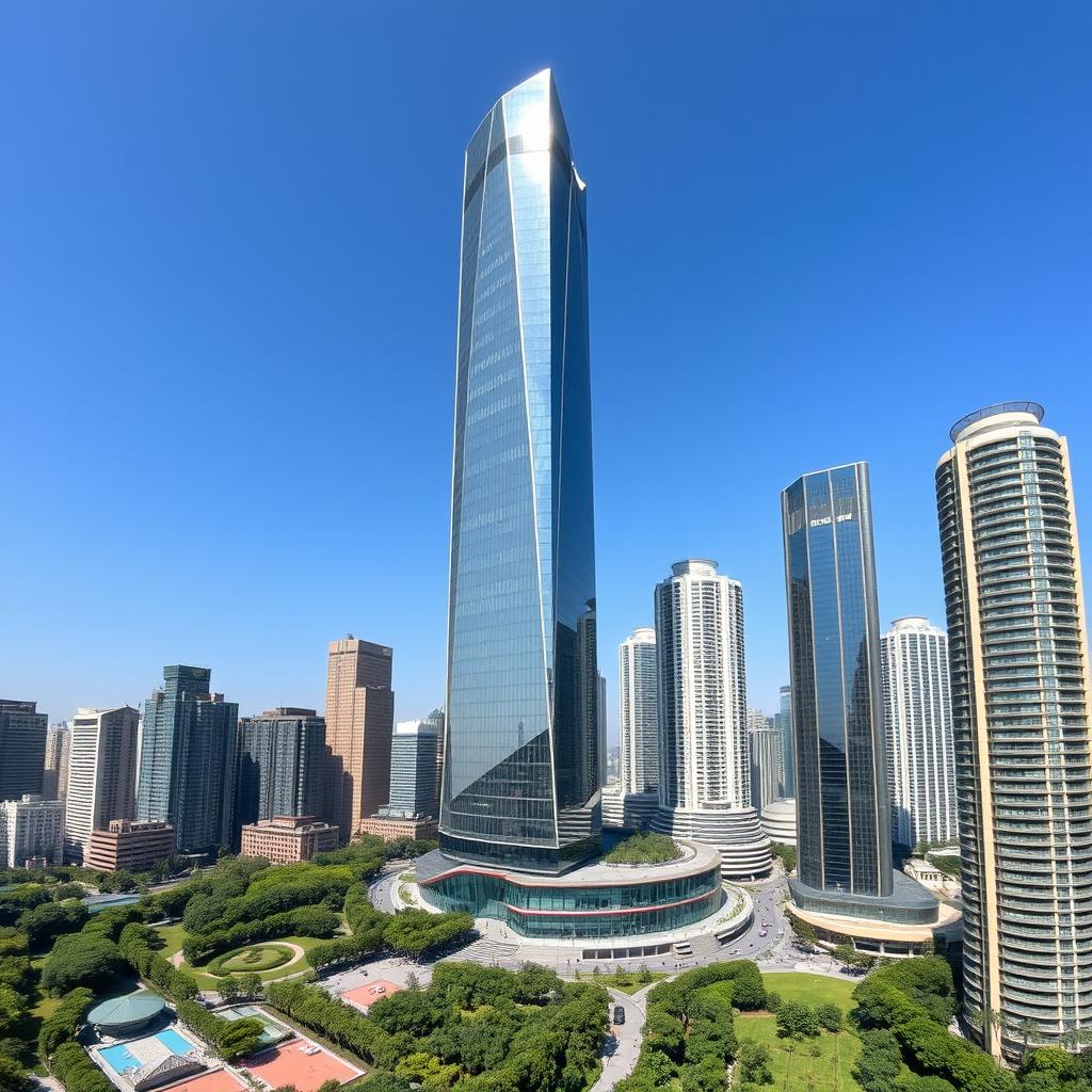 A stunning view of a modern Chinese skyscraper dominating the skyline, showcasing its impressive architecture and sleek design