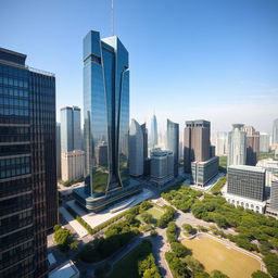 A stunning view of a modern Chinese skyscraper dominating the skyline, showcasing its impressive architecture and sleek design