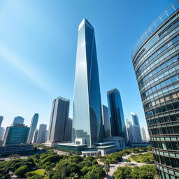 A stunning view of a modern Chinese skyscraper dominating the skyline, showcasing its impressive architecture and sleek design