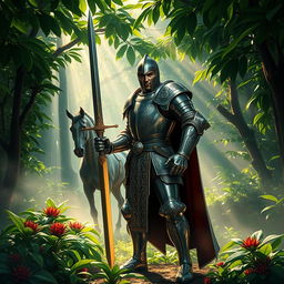 A knight in shining armor, standing fiercely in a mystical forest, surrounded by vibrant Java coffee plants
