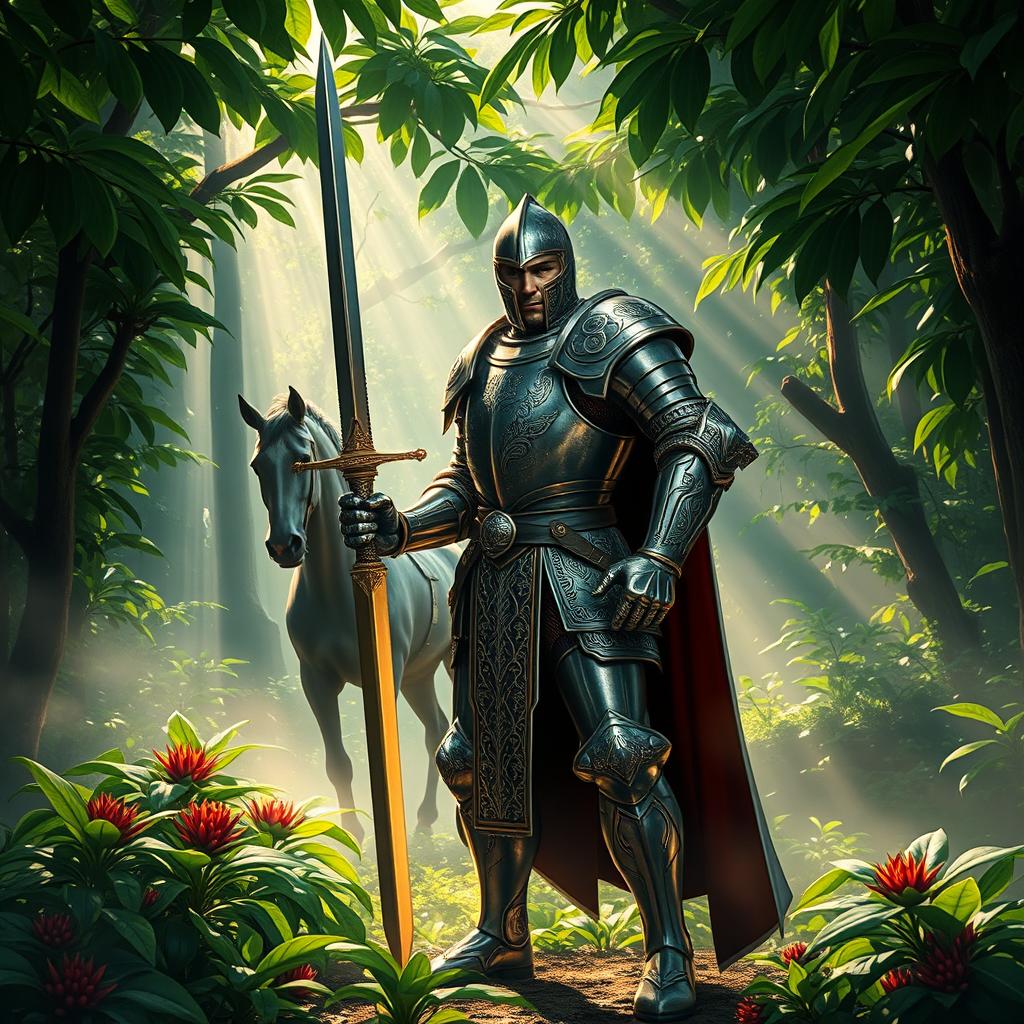 A knight in shining armor, standing fiercely in a mystical forest, surrounded by vibrant Java coffee plants