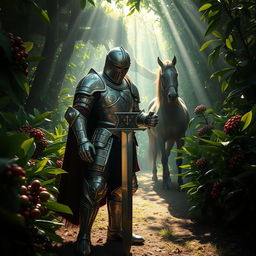 A knight in shining armor, standing fiercely in a mystical forest, surrounded by vibrant Java coffee plants