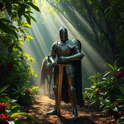A knight in shining armor, standing fiercely in a mystical forest, surrounded by vibrant Java coffee plants