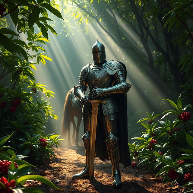A knight in shining armor, standing fiercely in a mystical forest, surrounded by vibrant Java coffee plants
