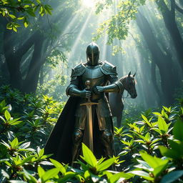 A knight in shining armor, standing fiercely in a mystical forest, surrounded by vibrant Java coffee plants