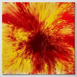 An abstract expressionist painting featuring a chaotic explosion of brilliant colors like fire-red, deep-ocean blue, and sunflower yellow on a large canvas.